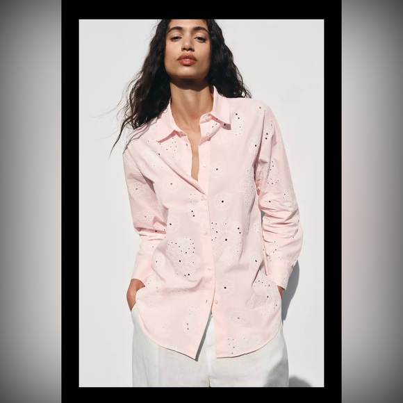 Zara Pink Cotton White Eyelet Button-Up Blouse | L | Rubberized Eyelets | NWT - Picture 5 of 13